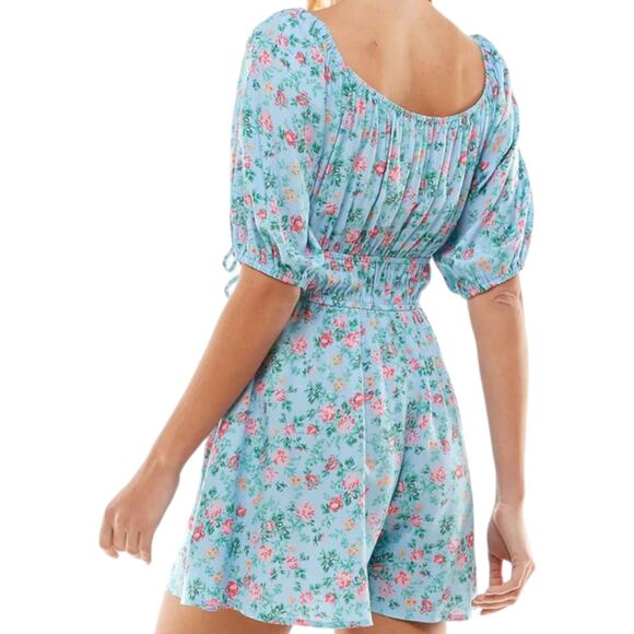 Bepop Sky/Pink Floral Elbow Sleeve Romper, M - Picture 2 of 7